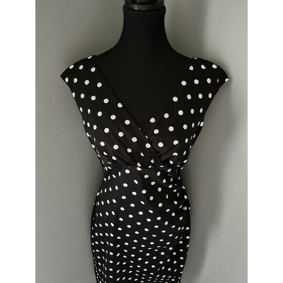 Lauren Ralph Lauren Sheath Dress Black White Polka Dot Ruched Faux Wrap Size 8 - Picture 2 of 9